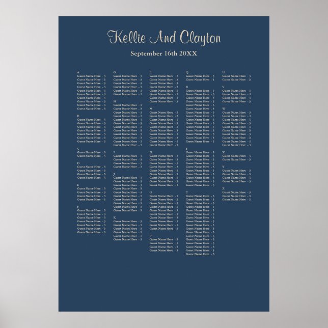 250 Classic Blue Simple Wedding Seating Chart (Front)