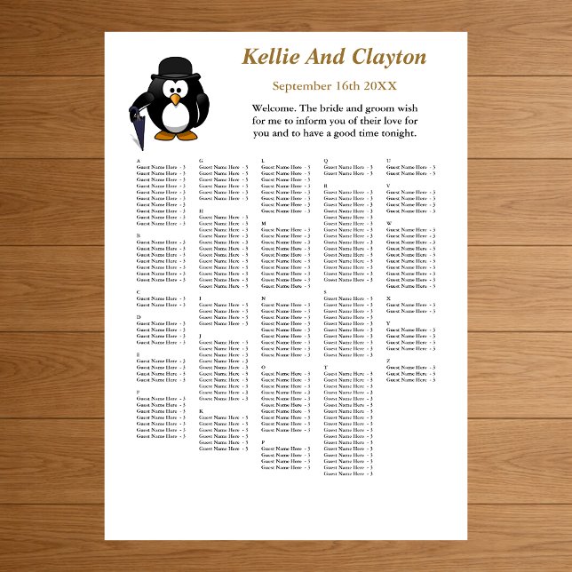 250 Funny Penguin Greeter Wedding Seating Chart (Creator Uploaded)