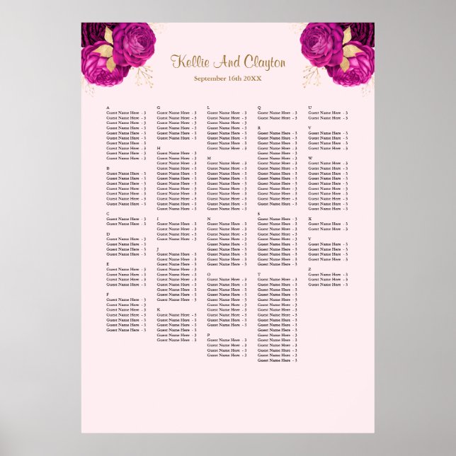 250 Pink And Gold Floral Wedding Seating Chart (Front)