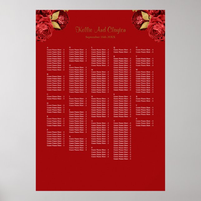 250+ Red And Gold Floral Wedding Seating Chart (Front)