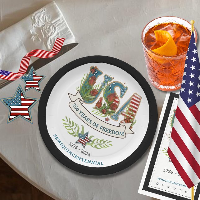250 Years of Freedom Chic Patriotic Black Border Paper Plate (250 Years of Freedom Chic Patriotic Black Border Paper Plates)