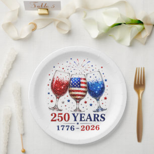 250 Years Patriotic Wine Glass Celebration Paper Plate