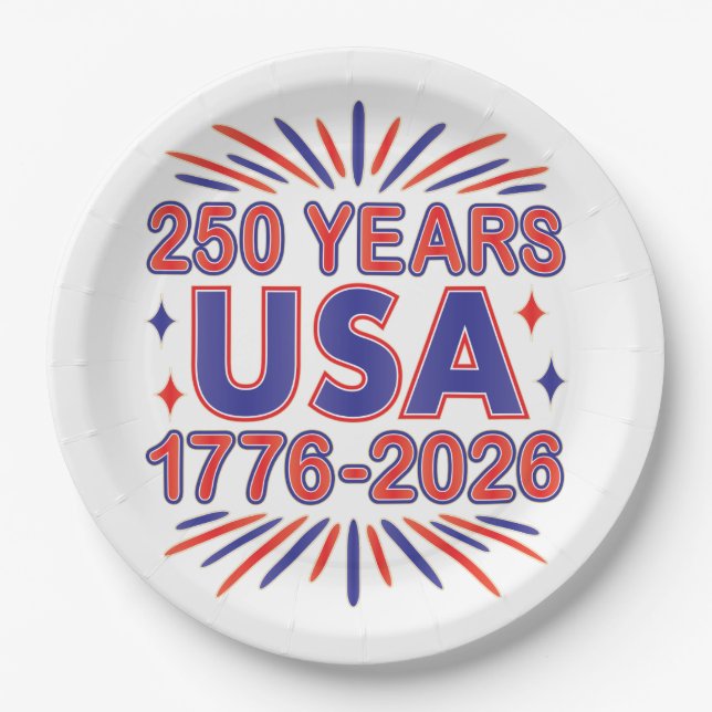 250 Years USA | 1776–2026 Semiquincentennial Paper Plate (Front)