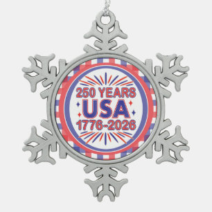 250 Years USA   1776–2026 Semiquincentennial Snowflake Pewter Christmas Ornament