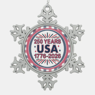 250 Years USA   1776–2026 Semiquincentennial Snowflake Pewter Christmas Ornament