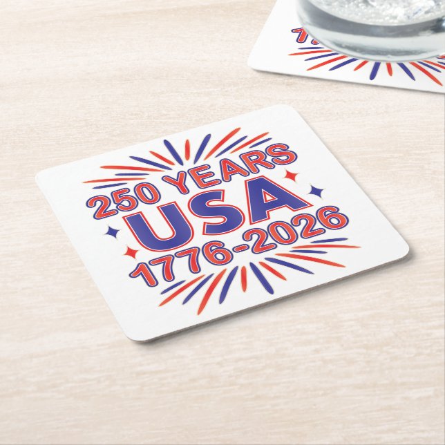 250 Years USA | 1776–2026 Semiquincentennial Square Paper Coaster (Angled)
