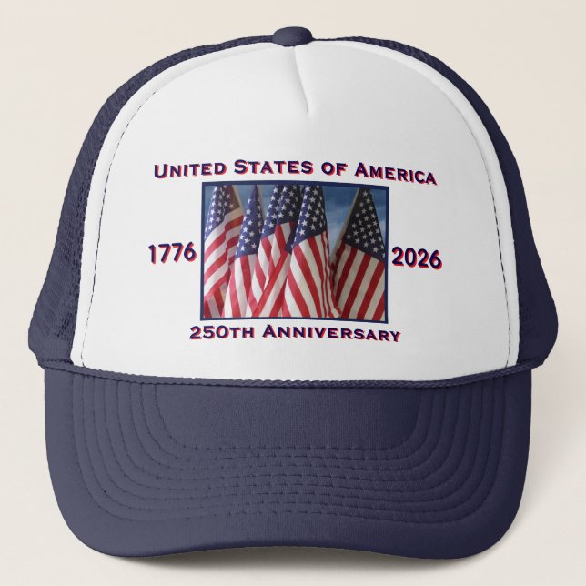 250th Anniversary USA Patriotic Dark Blue Trucker Hat (Front)