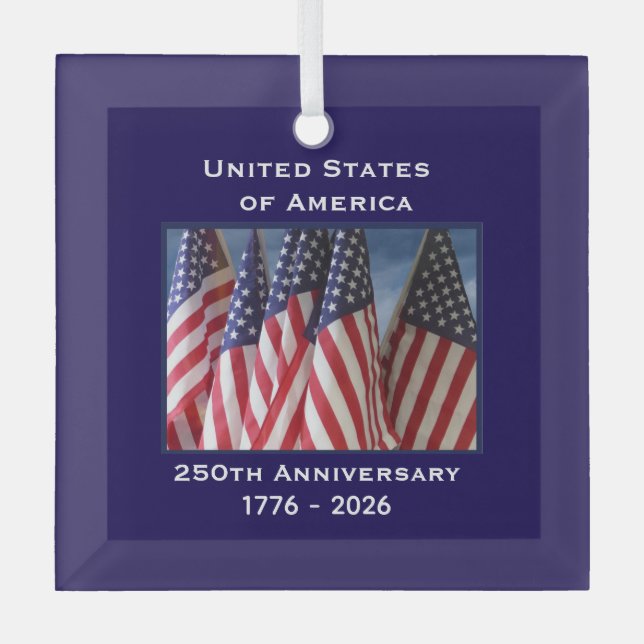 250th Anniversary USA Patriotic Flags Premium Glass Tree Decoration (Front)
