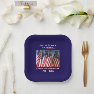 250th Anniversary USA Patriotic Flags Square Paper Plate
