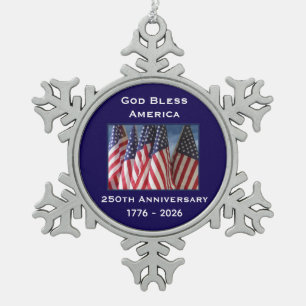 250th Anniversary USA Patriotic God Bless America  Snowflake Pewter Christmas Ornament