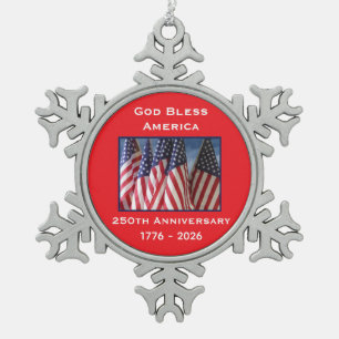 250th Anniversary USA Patriotic God Bless America Snowflake Pewter Christmas Ornament