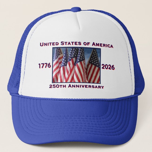 250th Anniversary USA Patriotic Royal Blue Trucker Hat (Front)