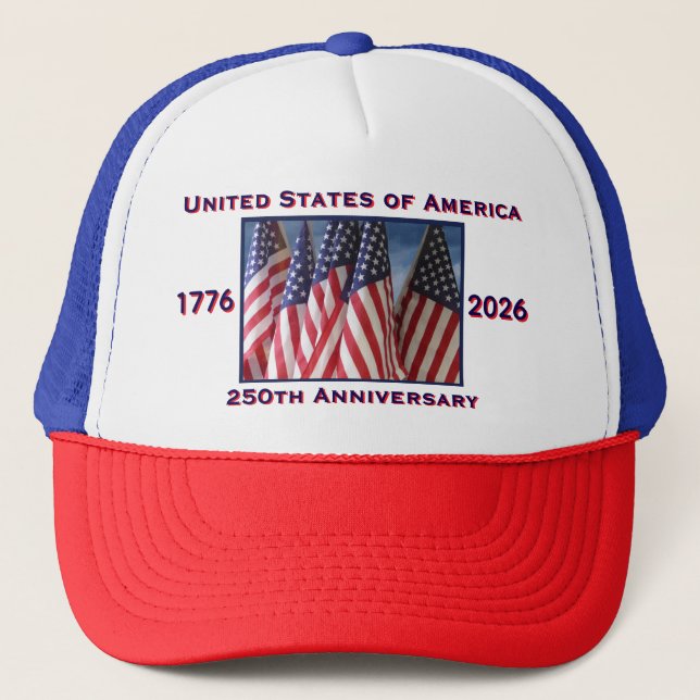 250th Anniversary USA Red White Blue Trucker Hat (Front)