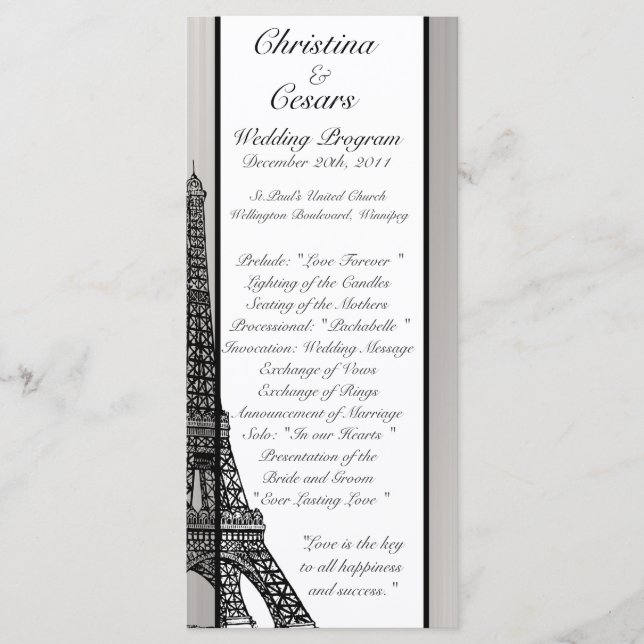 25 4 x 9 Wedding Program Black Eiffel Tower Programme (Front)