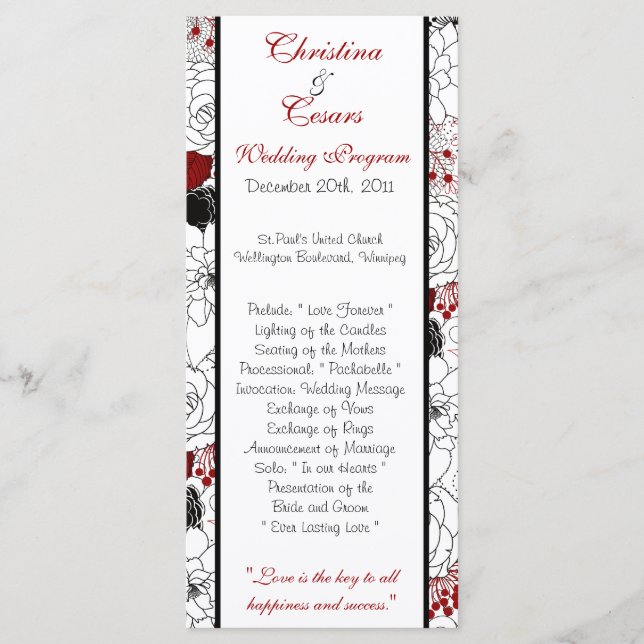 25 4 x 9 Wedding Program Black Flowers Red leaves Programme (Front)
