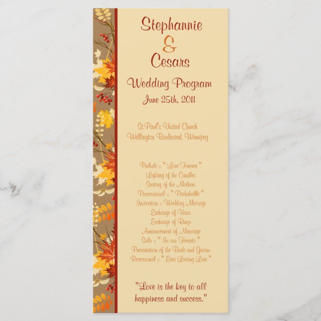 25 4x9 Wedding Program Autumn Branch Leaves Programme (Front)