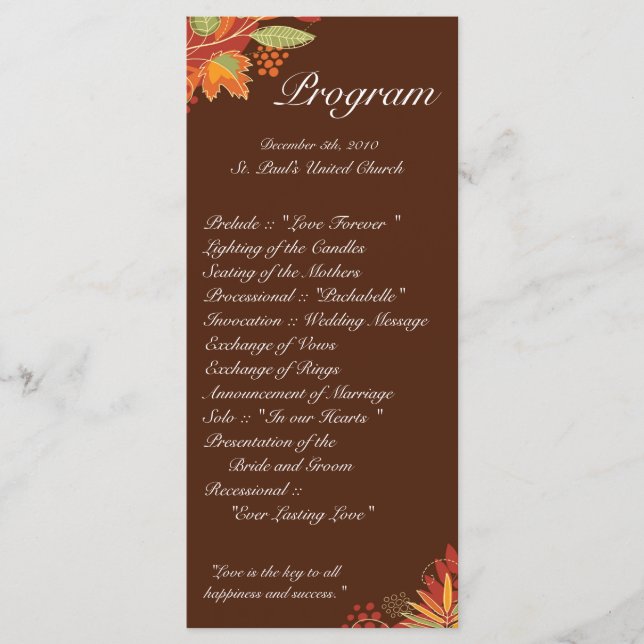 25 4x9 Wedding Program Autumn Leaves Fall Floral Programme (Front)