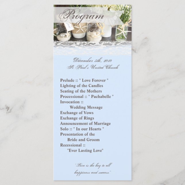 25 4x9 Wedding Program Beach Sea Mason Jars Ocean Programme (Front)