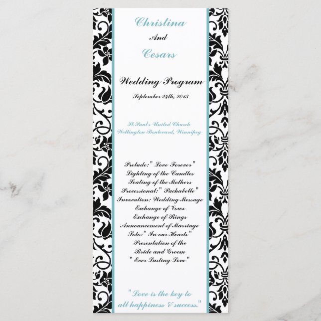25 4x9 Wedding Program Black Damask Baby Blue Programme (Front)