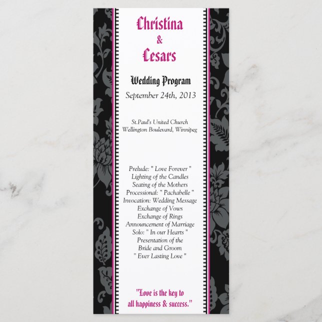 25 4x9 Wedding Program Black Floral Hot Pink Strip Programme (Front)