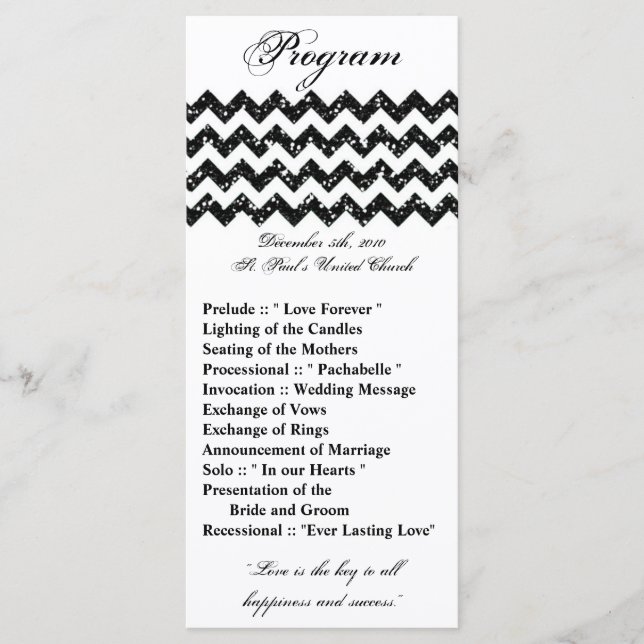 25 4x9 Wedding Program Black Glitter Chevron Zig Programme (Front)