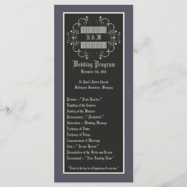 25 4x9 Wedding Program Black Tie Affair Filigree Programme (Front)
