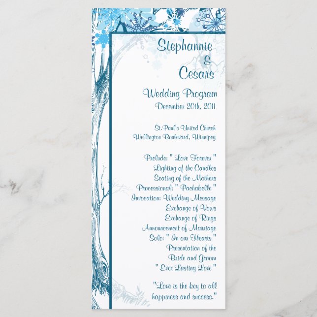 25 4x9 Wedding Program Blue Tree / Snowflakes Programme (Front)