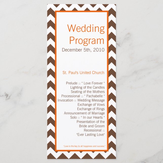 25 4x9 Wedding Program Brown Orange Chevron Programme (Front)