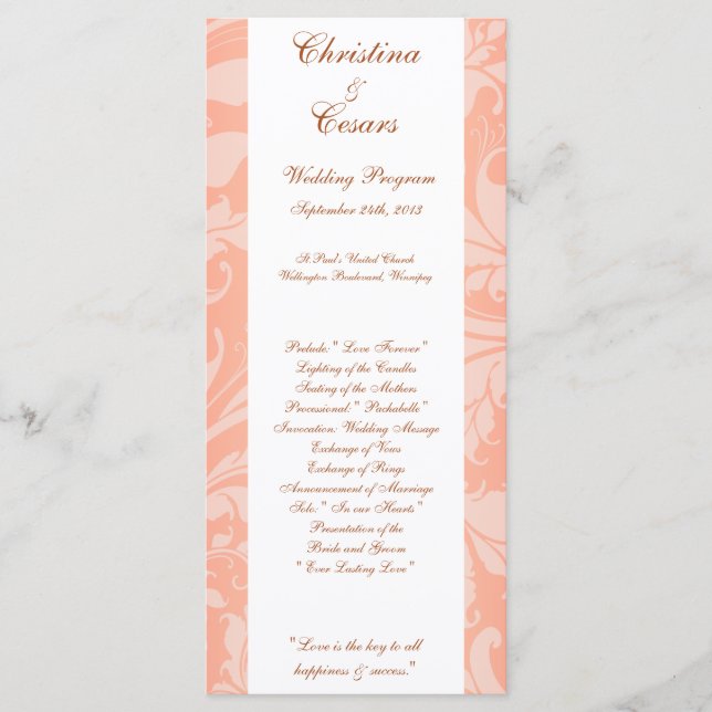25 4x9 Wedding Program Brown Rose on Pink Floral Programme (Front)