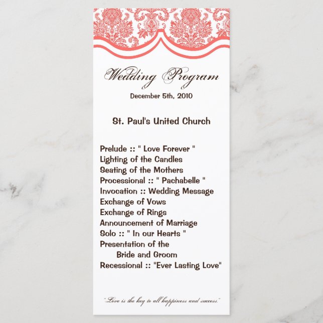 25 4x9 Wedding Program Coral Pin White Damask Lace Programme (Front)