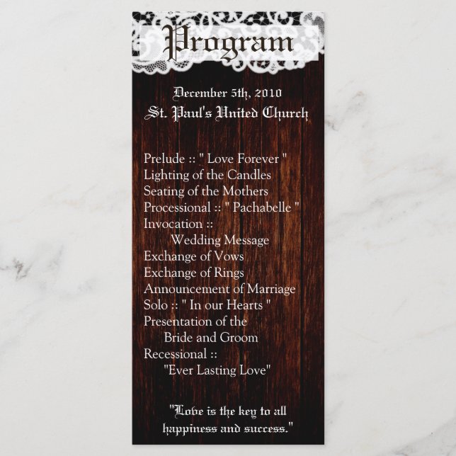 25 4x9 Wedding Program Country Dark Barn Wood Lace Programme (Front)