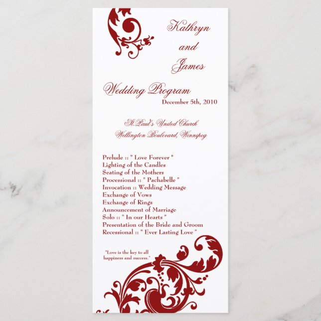 25 4x9 Wedding Program Crimson Red Floral Filigree Programme (Front)