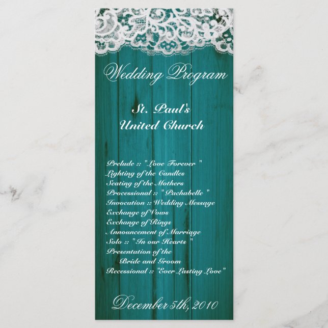 25 4x9 Wedding Program Distrissed Teal Wood Lace Programme (Front)