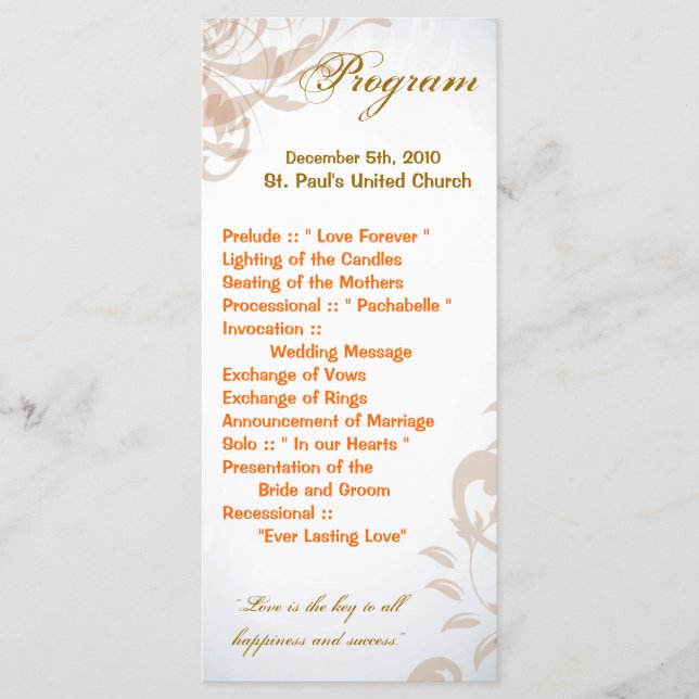 25 4x9 Wedding Program Fall Filigree Autumn Swirl Programme (Front)