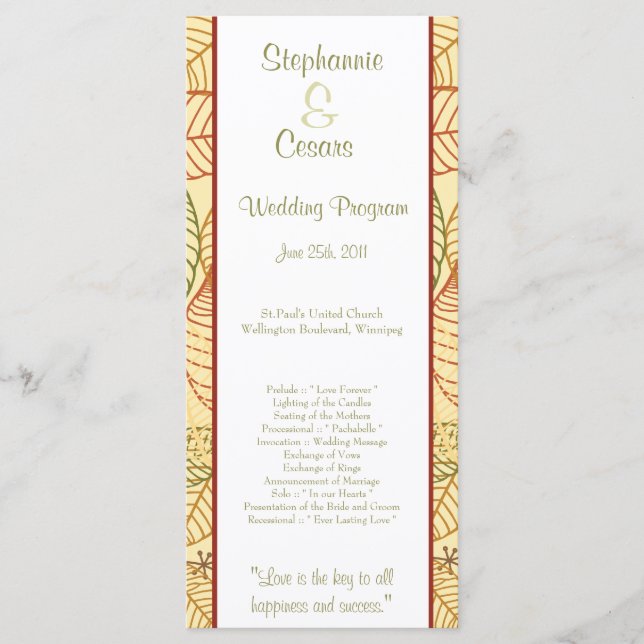 25 4x9 Wedding Program Fall Leaves Programme (Front)