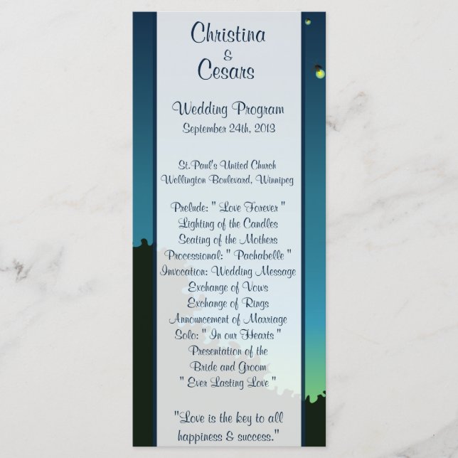 25 4x9 Wedding Program Fireflies and Mason Jars Programme (Front)