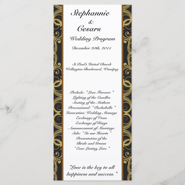 25 4x9 Wedding Program Gold and Black Damask Programme (Front)