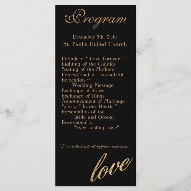 25 4x9 Wedding Program Gold Foil Glitter Love Programme (Front)