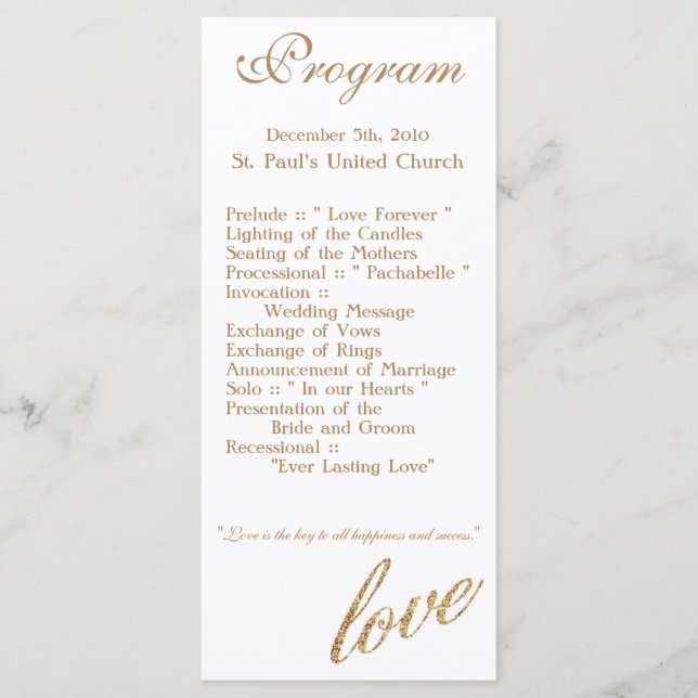 25 4x9 Wedding Program Gold Foil Glitter Love Programme (Front)