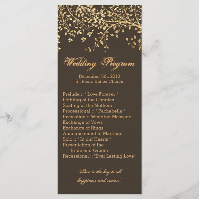 25 4x9 Wedding Program Gold Foil Tree Leaves Autum Programme (Front)