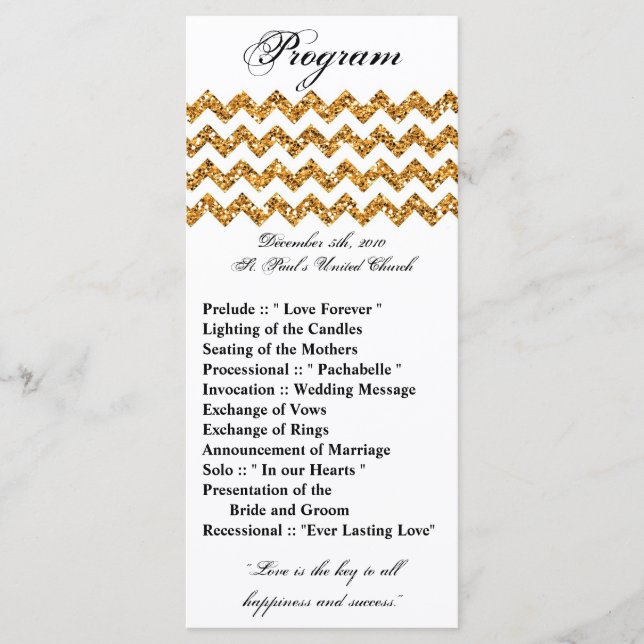 25 4x9 Wedding Program Gold Glitter Chevron Zig Programme (Front)