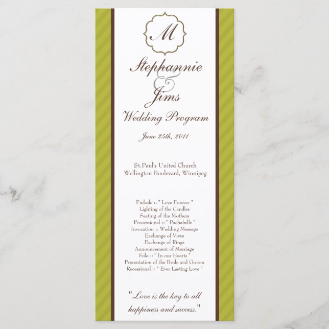 25 4x9 Wedding Program Green and Brown Damask Programme (Front)
