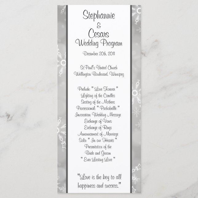 25 4x9 Wedding Program Grey Snowflakes Programme (Front)