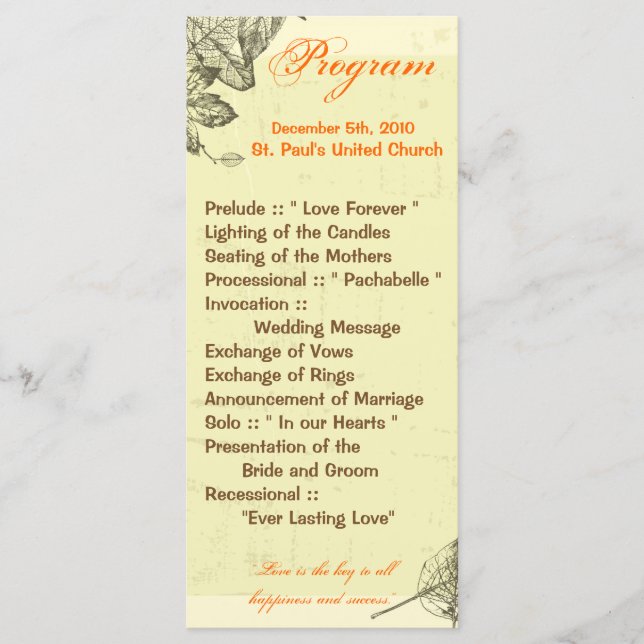 25 4x9 Wedding Program Hand Drawn Fall Leaves Autu Programme (Front)