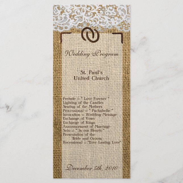 25 4x9 Wedding Program Horse Shoes on Burlap Lace Programme (Front)