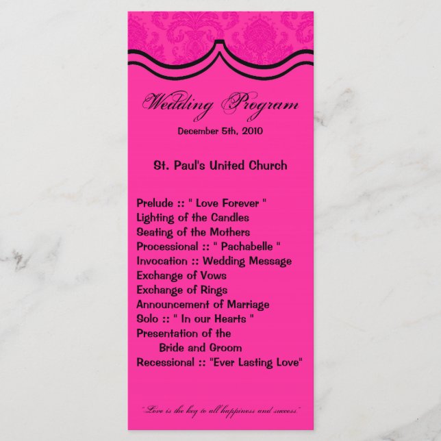 25 4x9 Wedding Program Hot Pink Black Damask Lace Programme (Front)