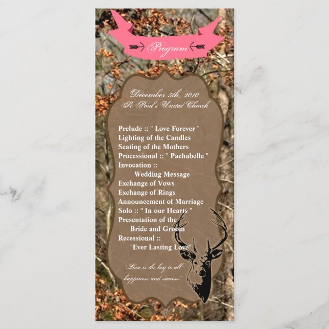 25 4x9 Wedding Program Hunting Deer Buck Head Camo Programme (Front)