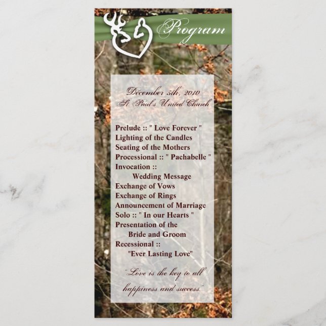 25 4x9 Wedding Program Hunting Deer Doe Buck Camo Programme (Front)