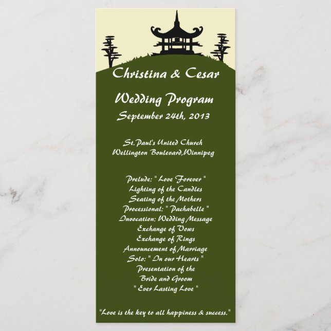 25 4x9 Wedding Program Japanese Green Hill Top Tem Programme (Front)