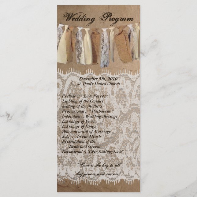 25 4x9 Wedding Program Kraft Paper Bag Lace Burlap Programme (Front)